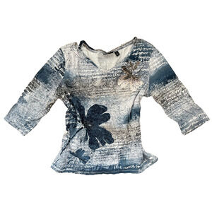 Women's Onque Casual Size Large Y2K Grey Blue Floral Graphic Print Half Sleeve